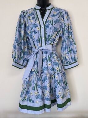 entro Light Blue Floral Tie-Waist Mini Dress with Green Trim